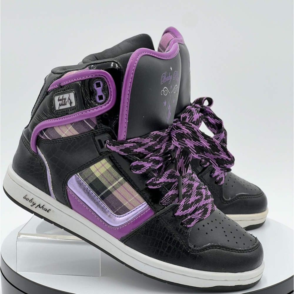 Vintage 2009 Baby Phat hightop sneakers. Blk leather and purple plaid. Size W6